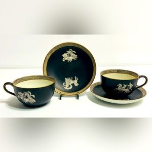 Antique Fenton Prattware Old Greek Tea Cups And Saucers - Matte Black - Set Of 2